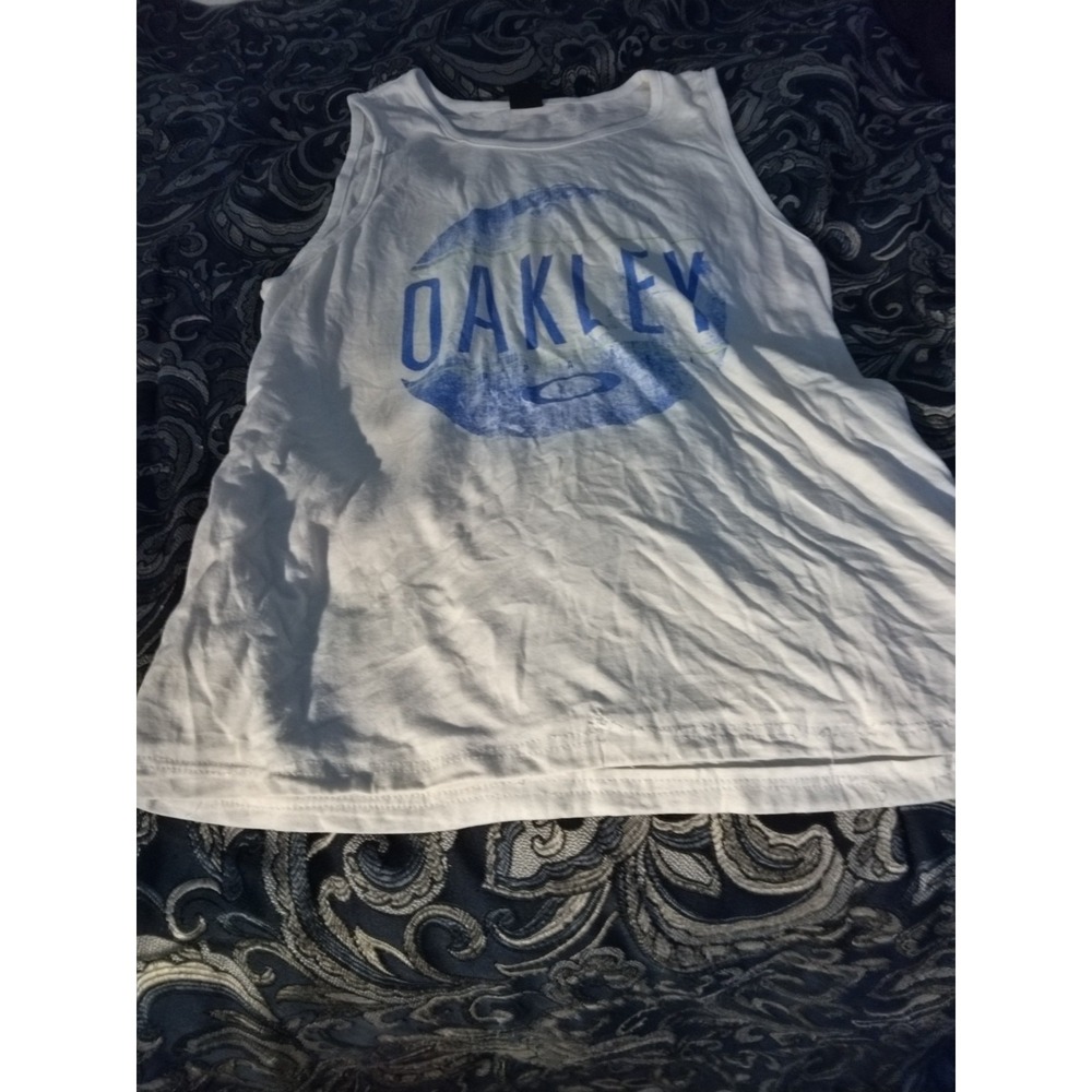 Y2k Center logo Oakley  White And Blue Performance Tank Top Vintage